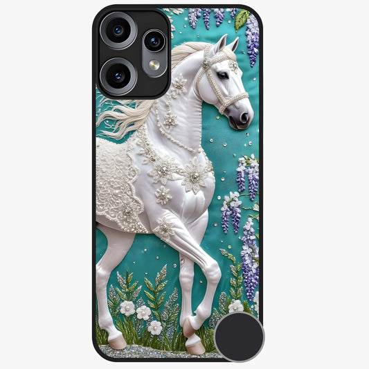 Majestic Floral Stallion Glass Case showing flat back view with powerful horse and floral artwork and glossy glass finish.