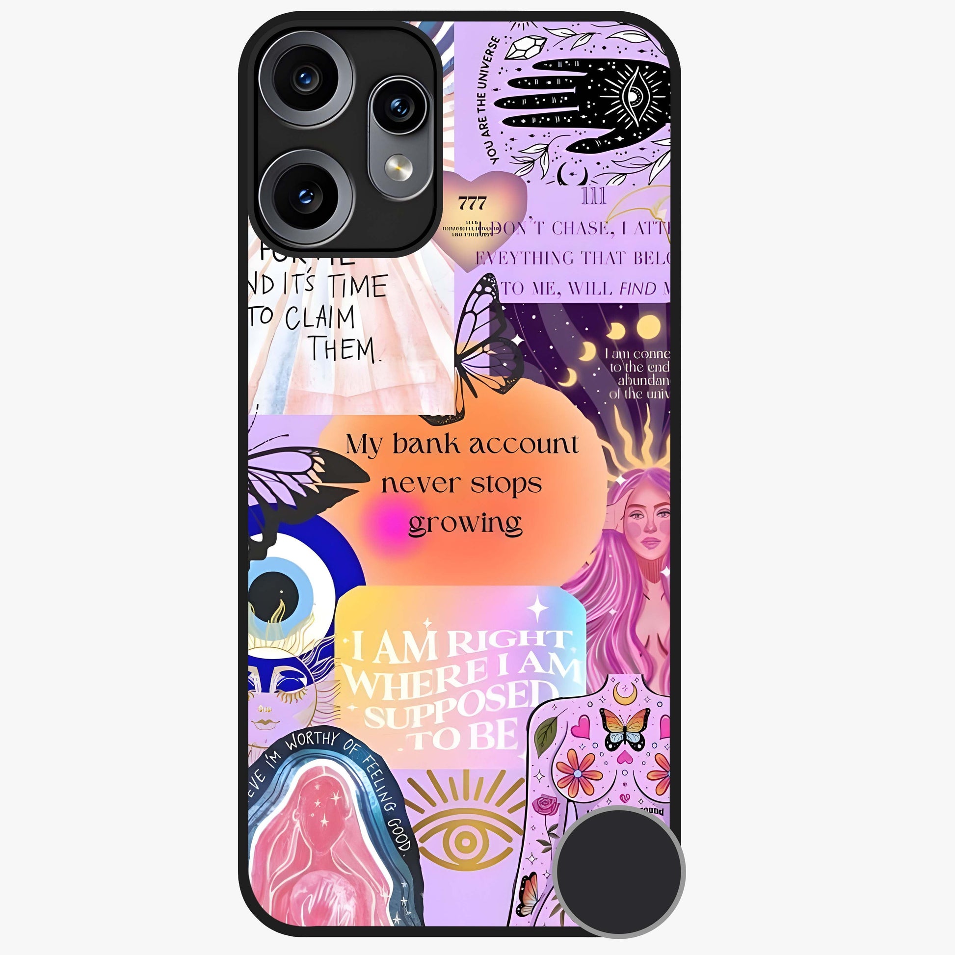Manifestation Collage Glass Case showing flat back view with motivational collage artwork and glossy glass finish.