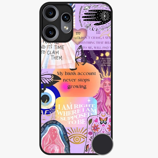 Manifestation Collage Glass Case showing flat back view with motivational collage artwork and glossy glass finish.
