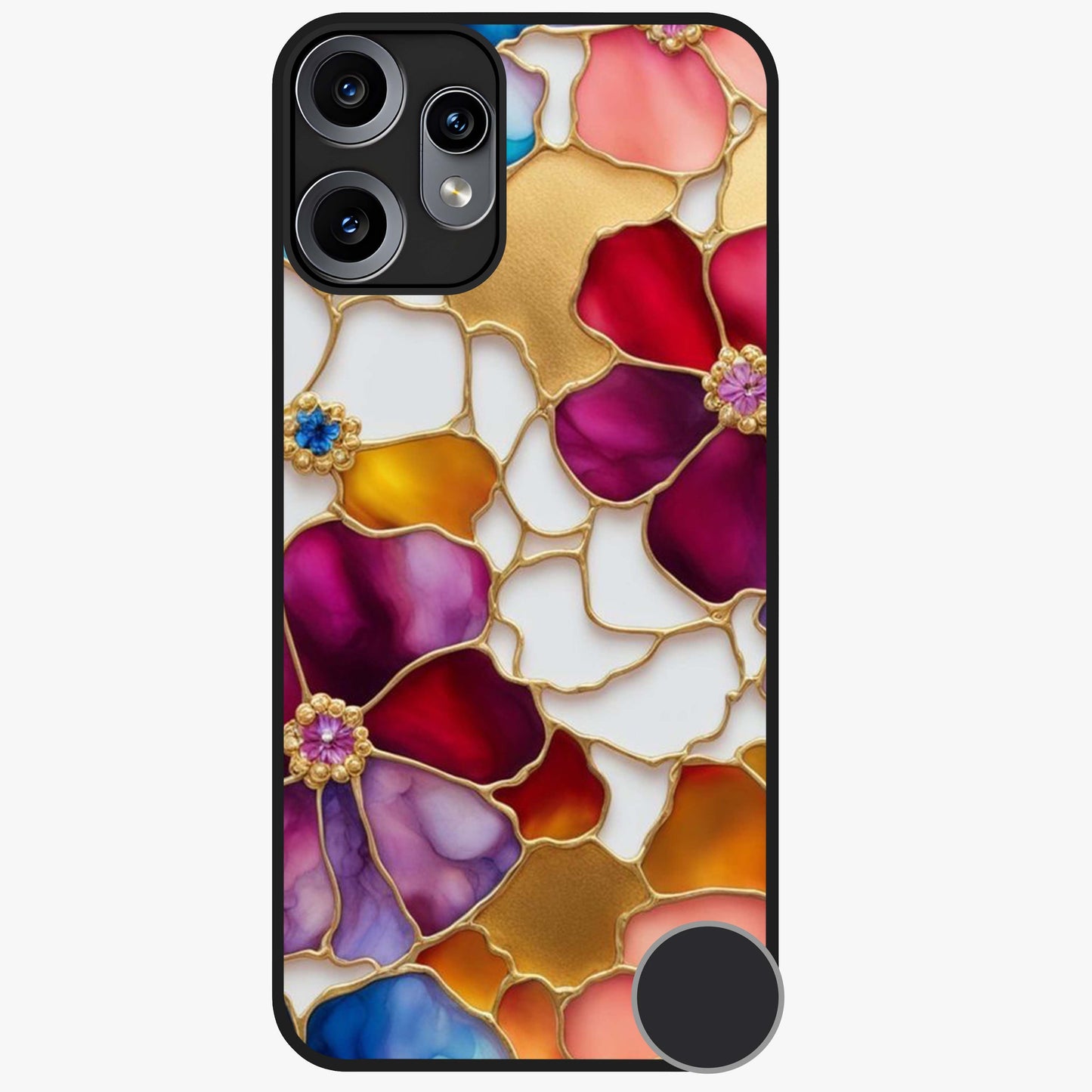 Marble Flower Pattern Glass Case showing flat back view with marble texture floral artwork and glossy glass finish.