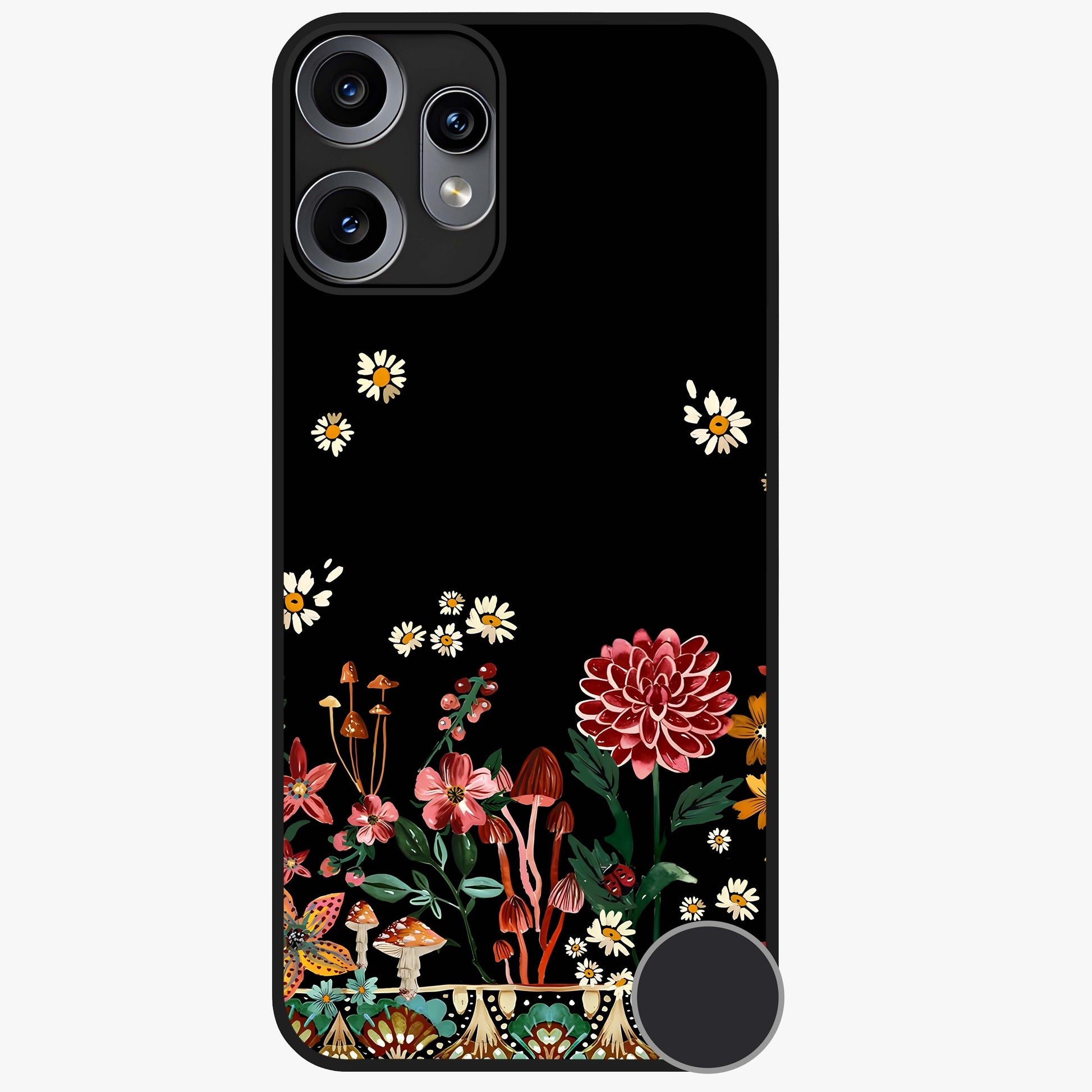 Midnight Bloom Pattern Glass Case showing flat back view with dark floral pattern artwork and glossy glass finish.