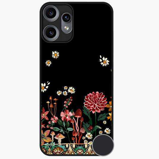 Midnight Bloom Pattern Glass Case showing flat back view with dark floral pattern artwork and glossy glass finish.