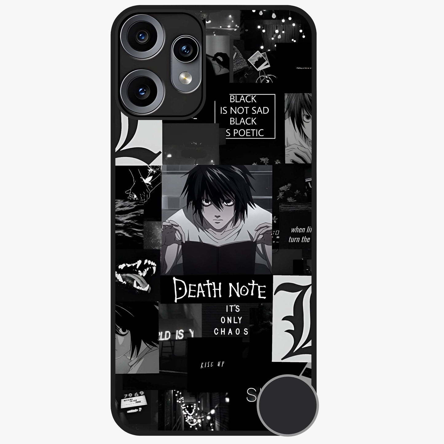 Midnight Chaos Mind Glass Case showing flat back view with abstract dark themed artwork and glossy glass finish.