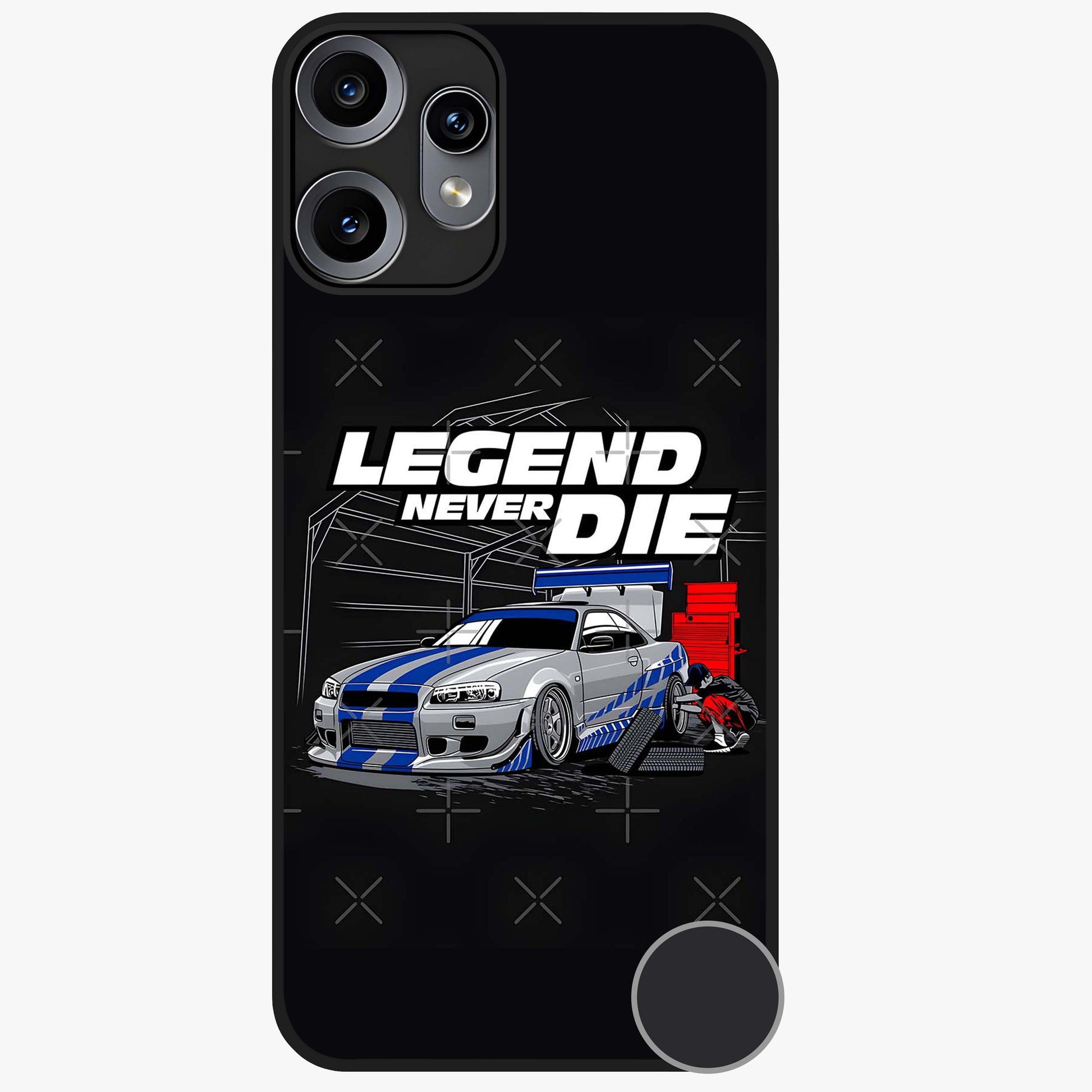 Midnight Racing Legacy Glass Case showing flat back view with sleek racing inspired artwork and glossy glass finish.