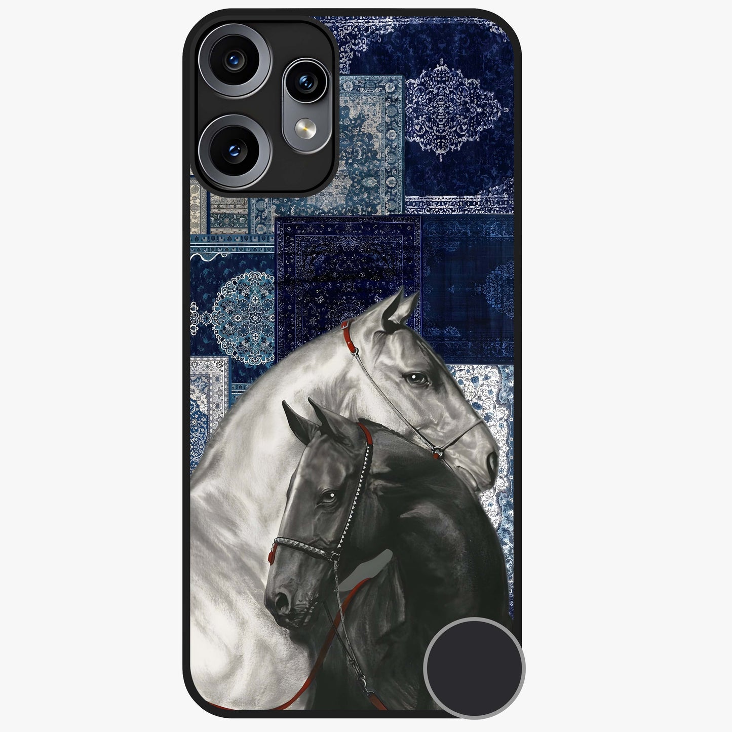 Midnight Stallion Blues Glass Case showing flat back view with majestic horse artwork and glossy glass finish.