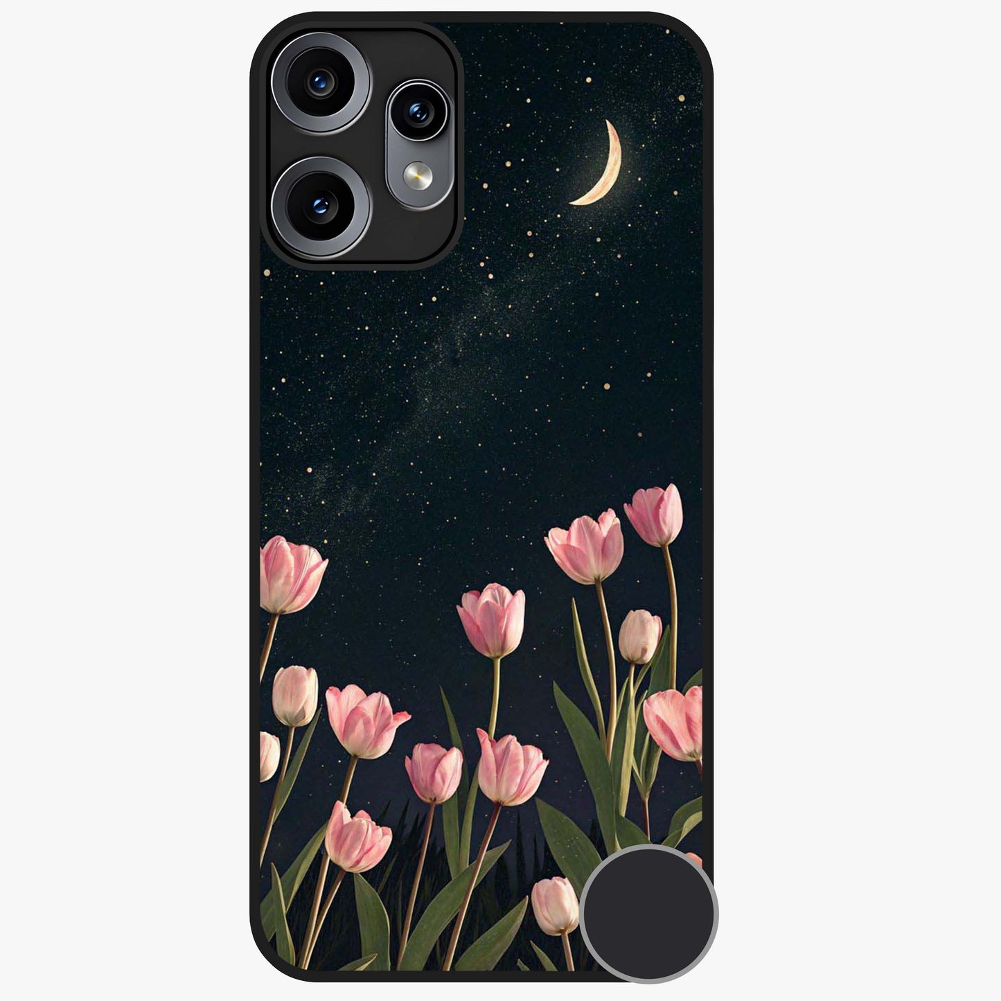 Midnight Tulip Whispers Vibe Glass Case showing flat back view with elegant tulip flower artwork and glossy glass finish.
