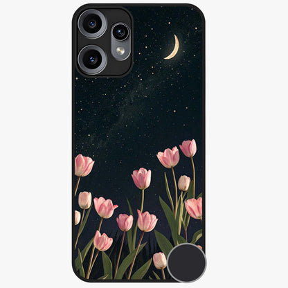 Midnight Tulip Whispers Vibe Glass Case showing flat back view with elegant tulip flower artwork and glossy glass finish.