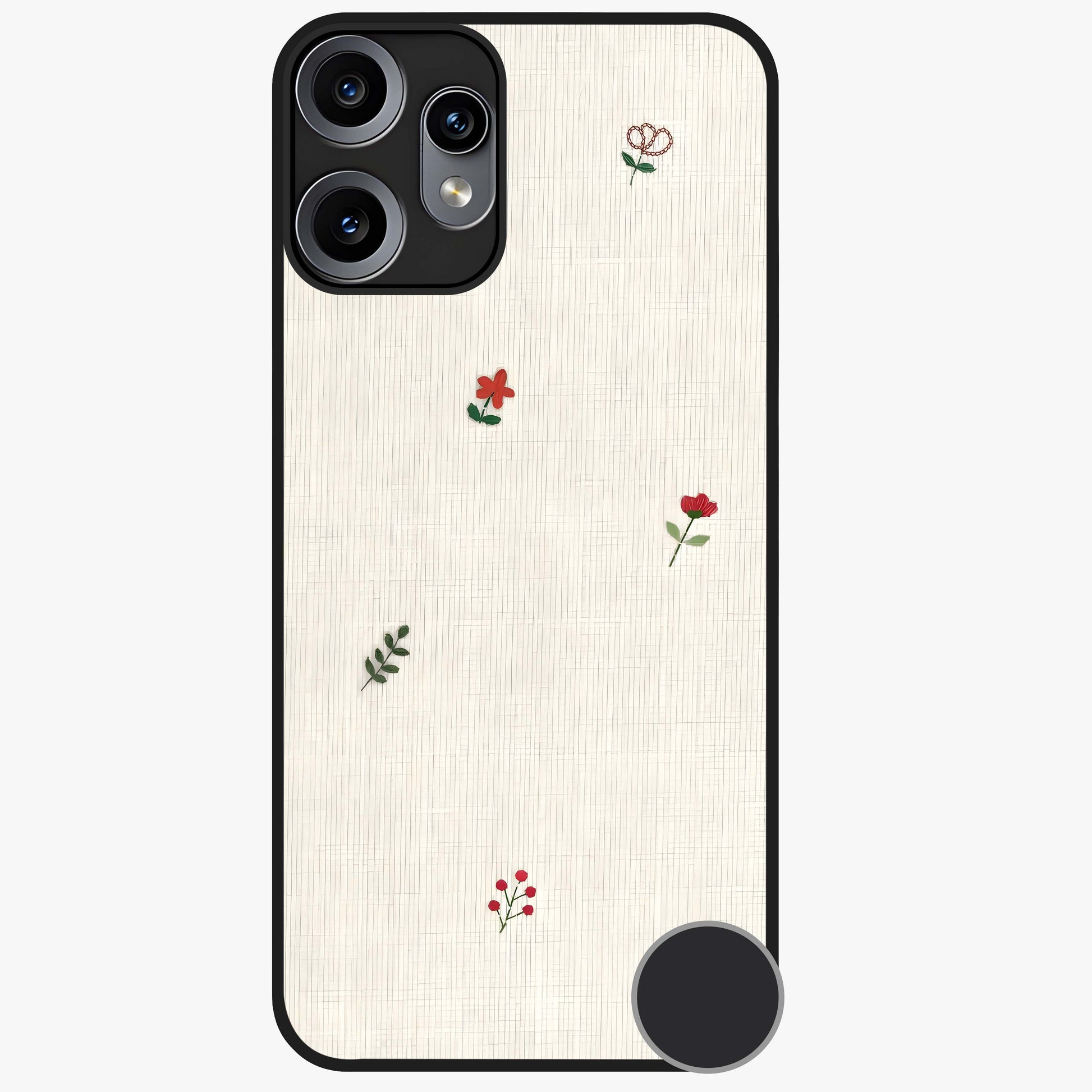 Minimal Petal Whispers Glass Case showing flat back view with soft minimal floral artwork and glossy glass finish.