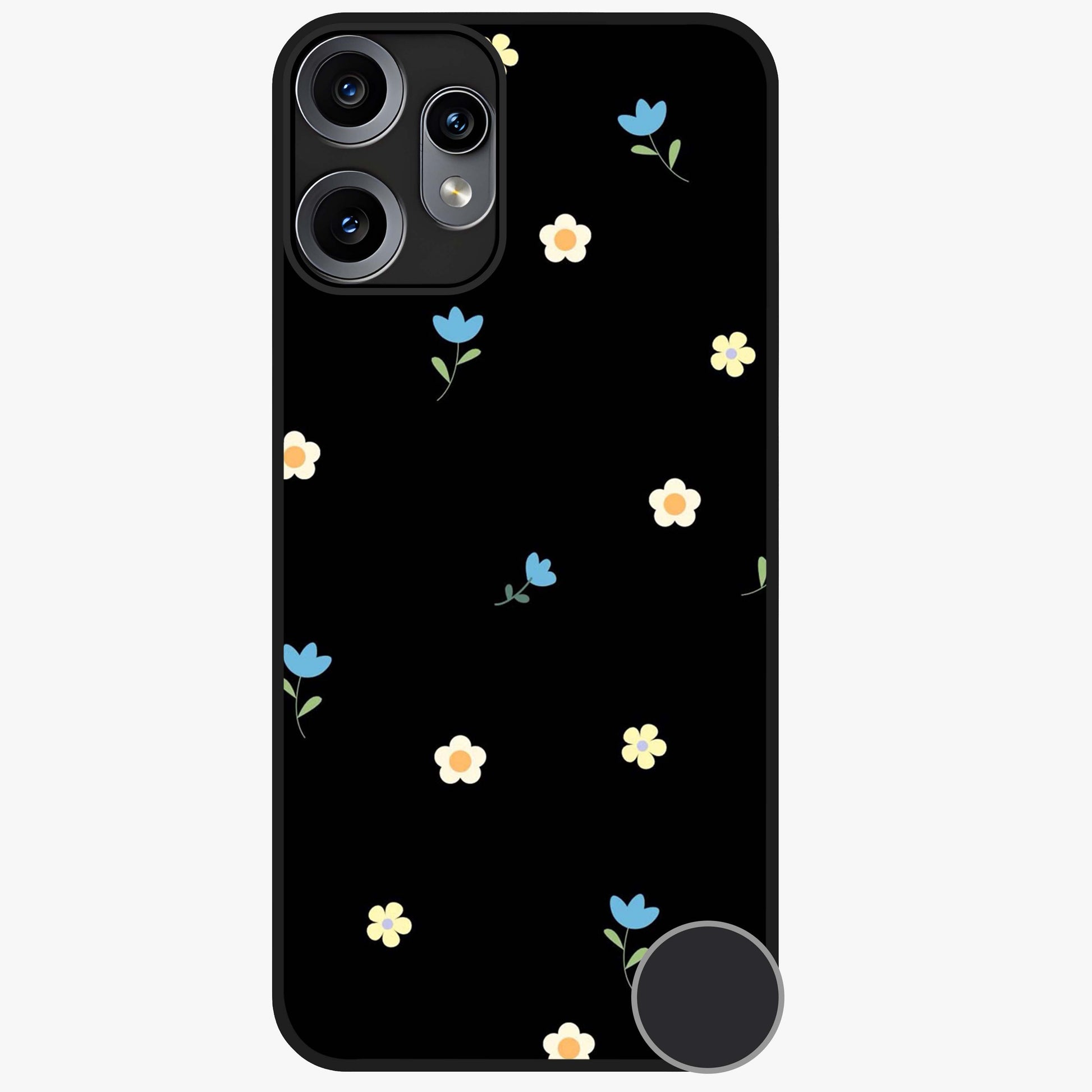 Minimalistic Blue With White Flower Pattern Glass Case showing flat back view with blue background and white flower pattern and glossy glass finish.