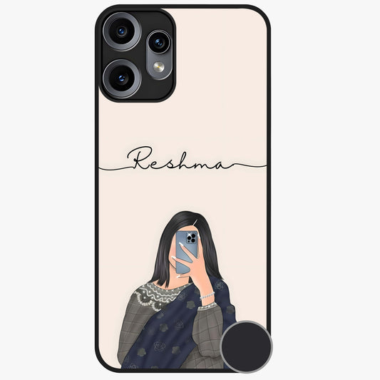 Mirror Mood Muse With Custom Name Glass Case showing flat back view with stylish mirrored artwork and personalized name design.