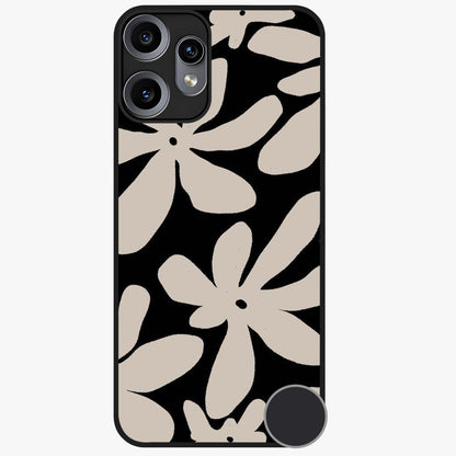 Monochrome Petal Dance Glass Case showing flat back view with monochrome floral artwork and glossy glass finish.