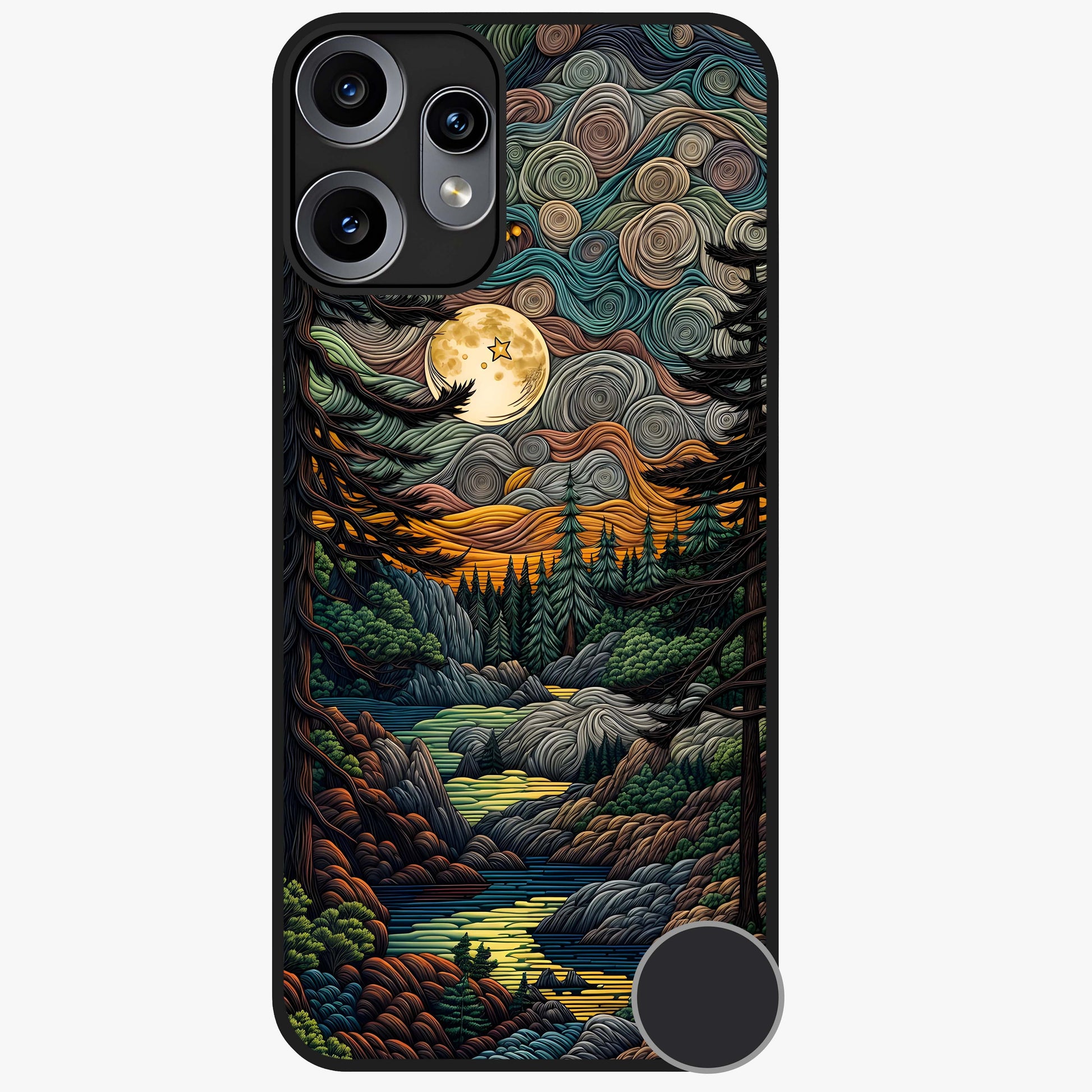Moonlight Forest Dream Glass Case showing flat back view with mystical forest moonlight artwork and glossy glass finish.