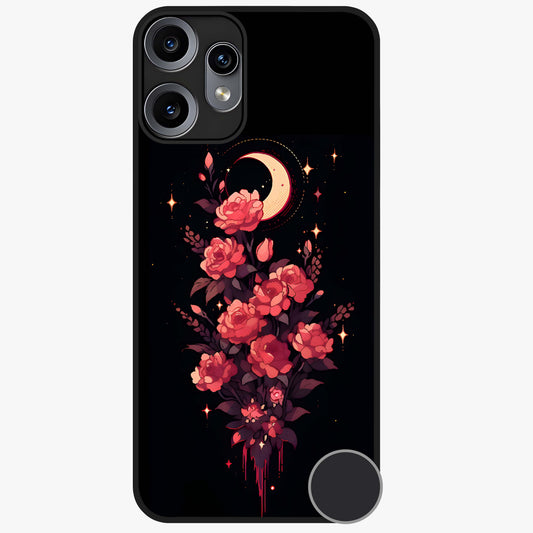 Moonlit Floral Elegance Glass Case showing flat back view with elegant floral artwork under moonlit tones and glossy glass finish.