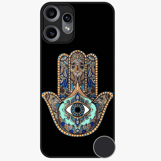 Mystic Hamsa Eye Glass Case showing flat back view with protective hamsa hand and evil eye artwork and glossy glass finish.
