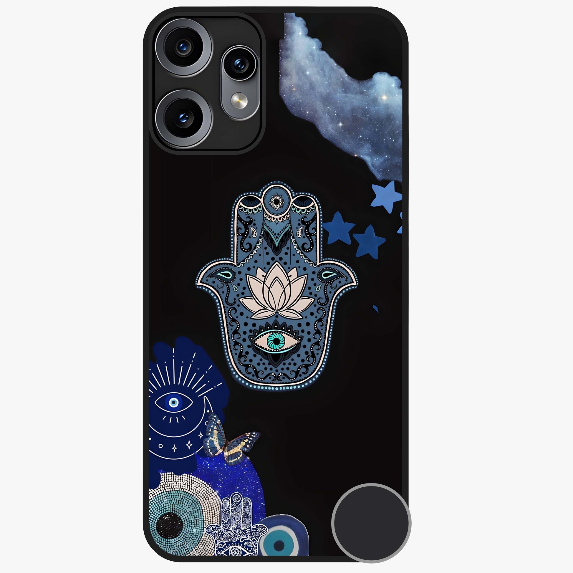 Mystic Hand Aura Glass Case showing flat back view with mystical hand symbol artwork and glossy glass finish.