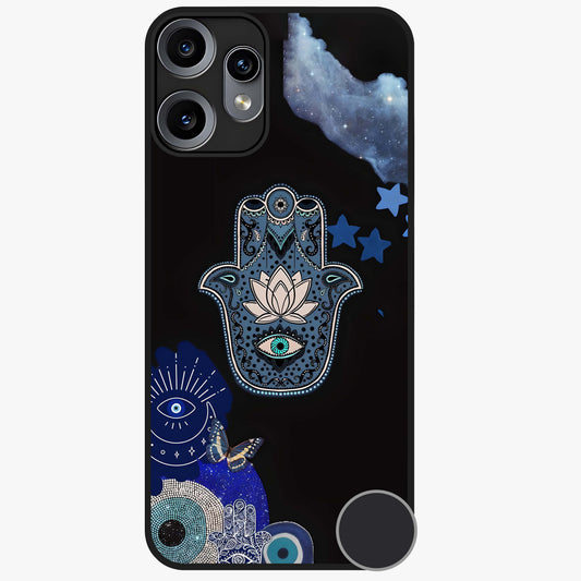 Mystic Hand Aura Glass Case showing flat back view with mystical hand symbol artwork and glossy glass finish.