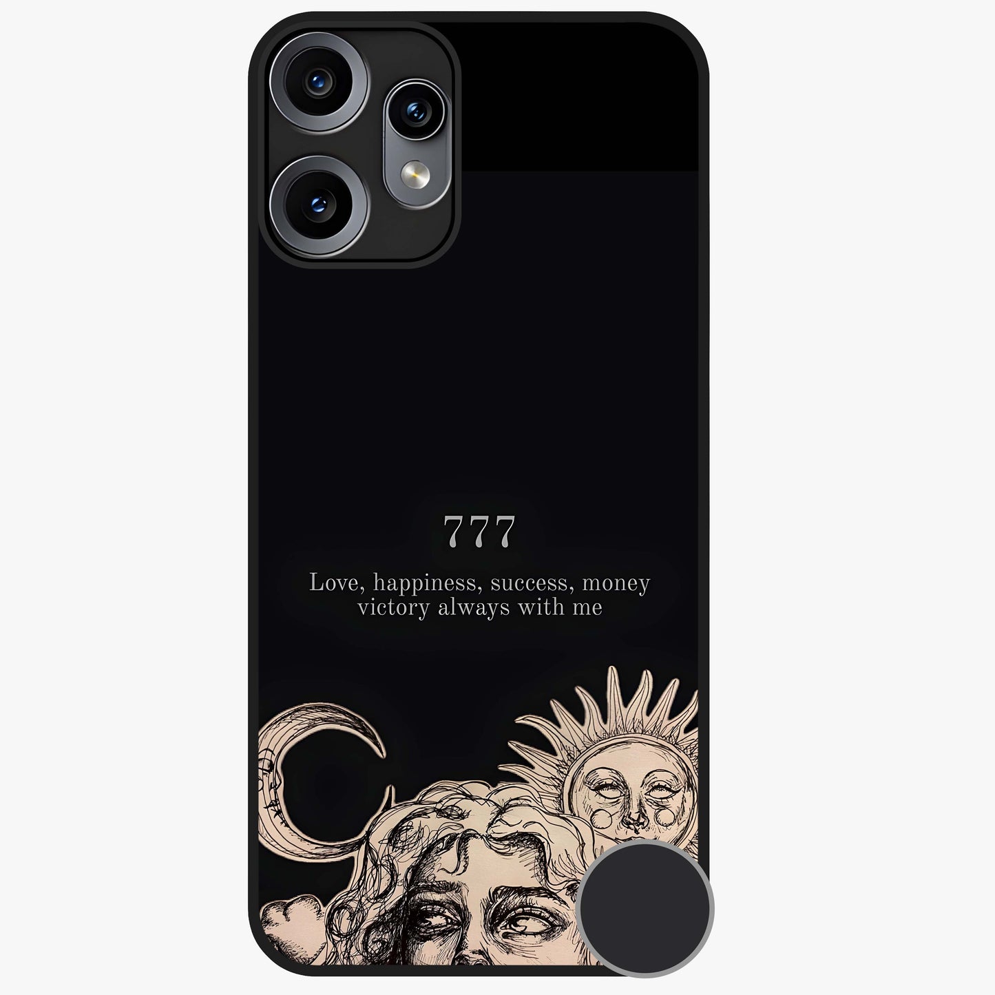Mystic Victory Aura Glass Case showing flat back view with victory symbol artwork and glossy glass finish.
