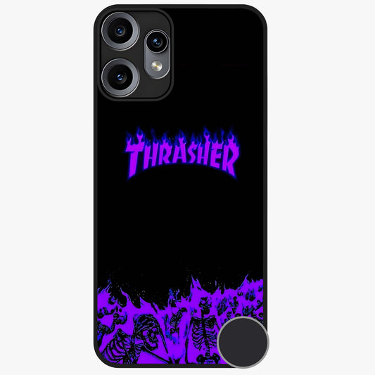 Neon Flame Riot Glass Case showing flat back view with neon flame artwork and glossy glass finish.