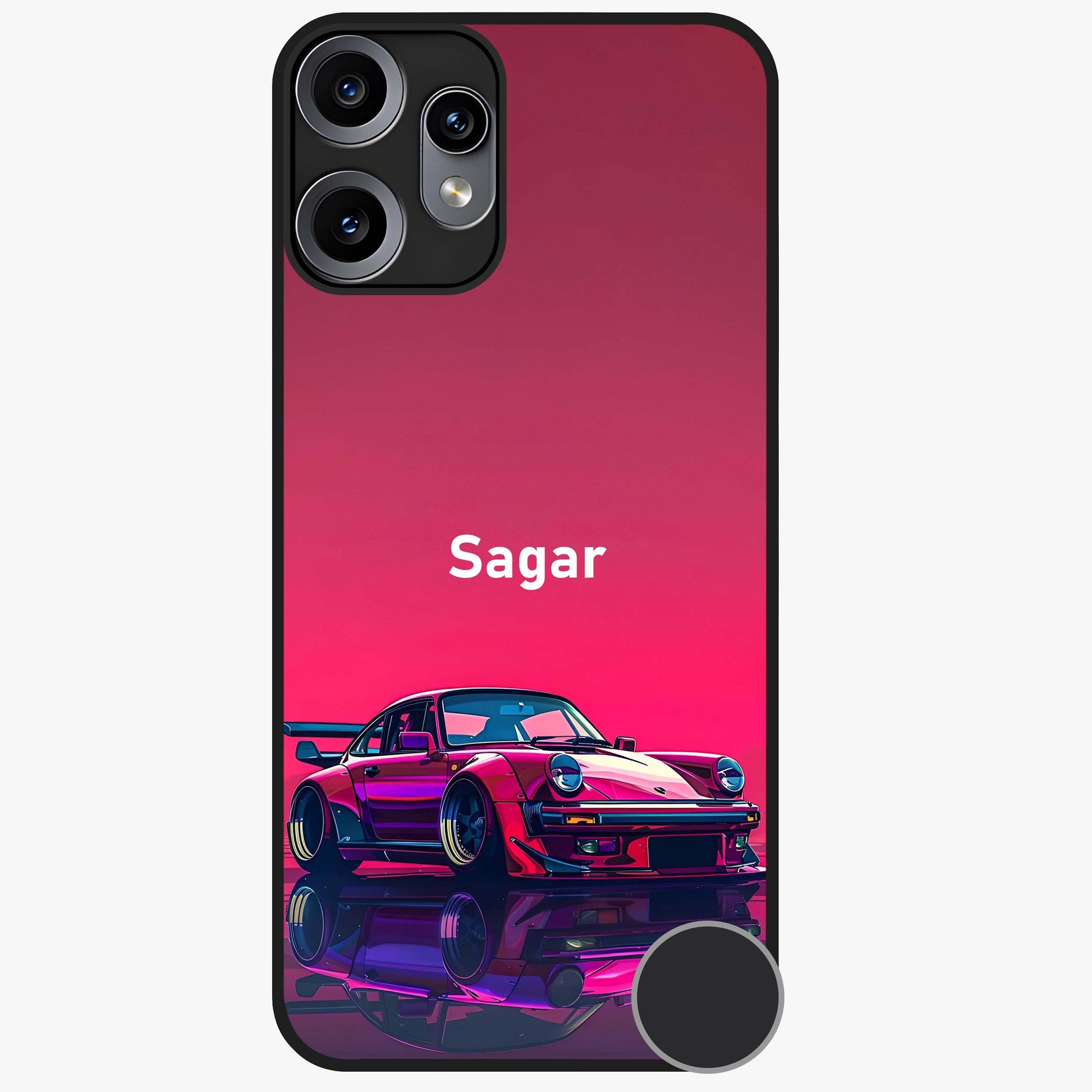 Neon Pink Porsche Glass Case showing flat back view with stylish sports car artwork and glossy glass finish.