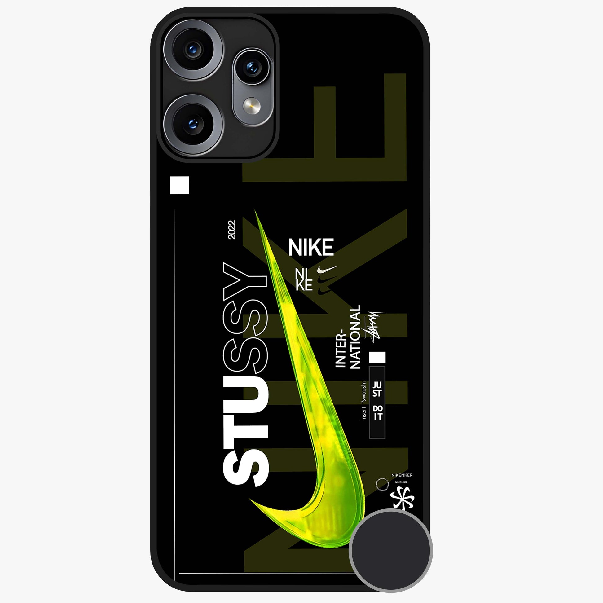 Neon Street Edition Glass Case showing flat back view with neon street style artwork and glossy glass finish.