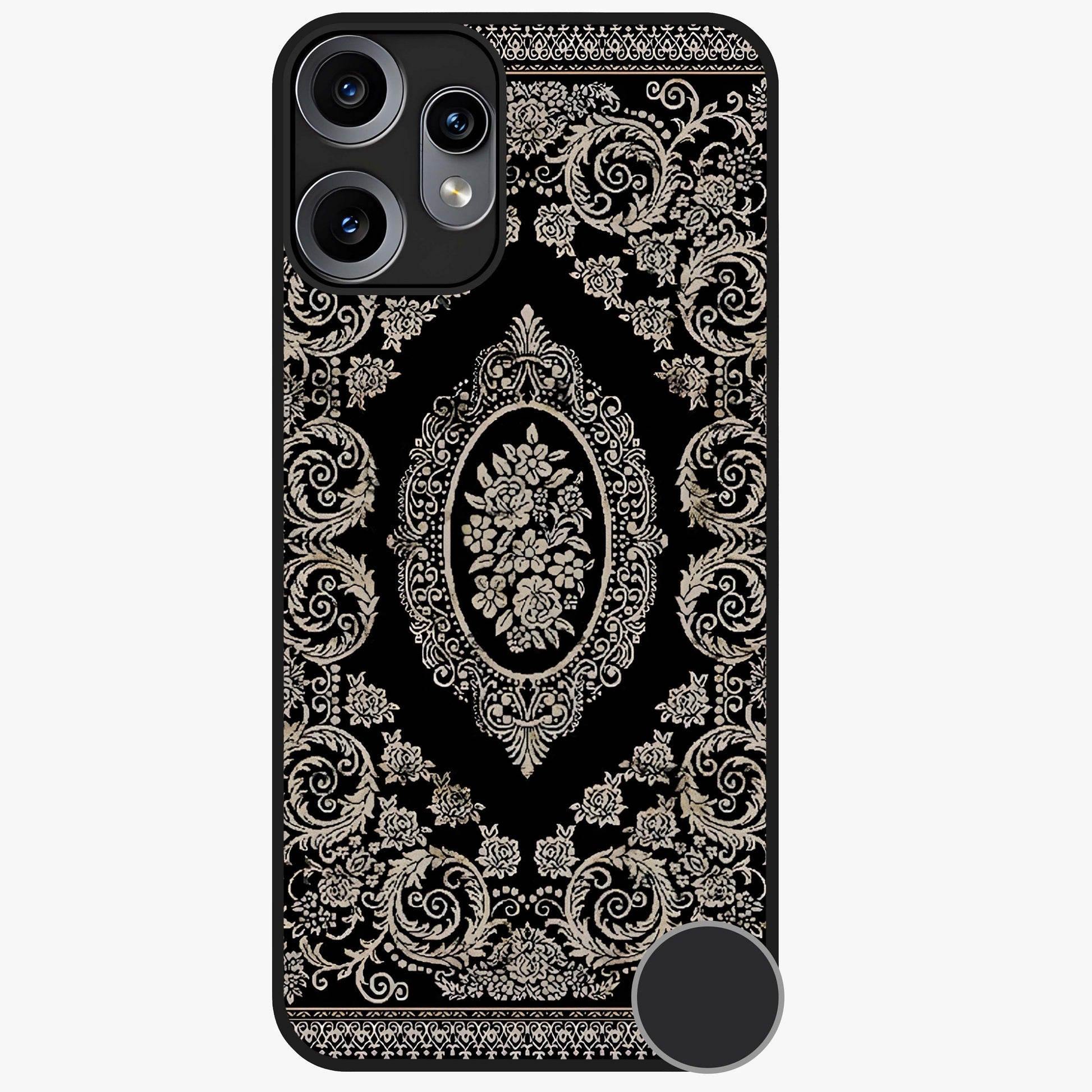 Noir Bloom Elegance Glass Case showing flat back view with elegant dark floral artwork and glossy glass finish.