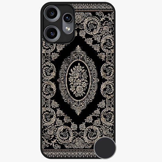Noir Bloom Elegance Glass Case showing flat back view with elegant dark floral artwork and glossy glass finish.