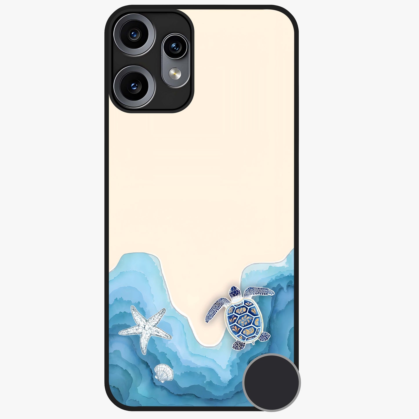 Ocean Drift Turtle Glass Case showing flat back view with sea turtle artwork and glossy glass finish.