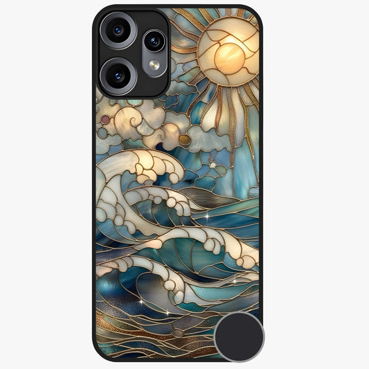 Oceanic Stained Printed Glass Case showing flat back view with ocean inspired stained pattern artwork and glossy glass finish.