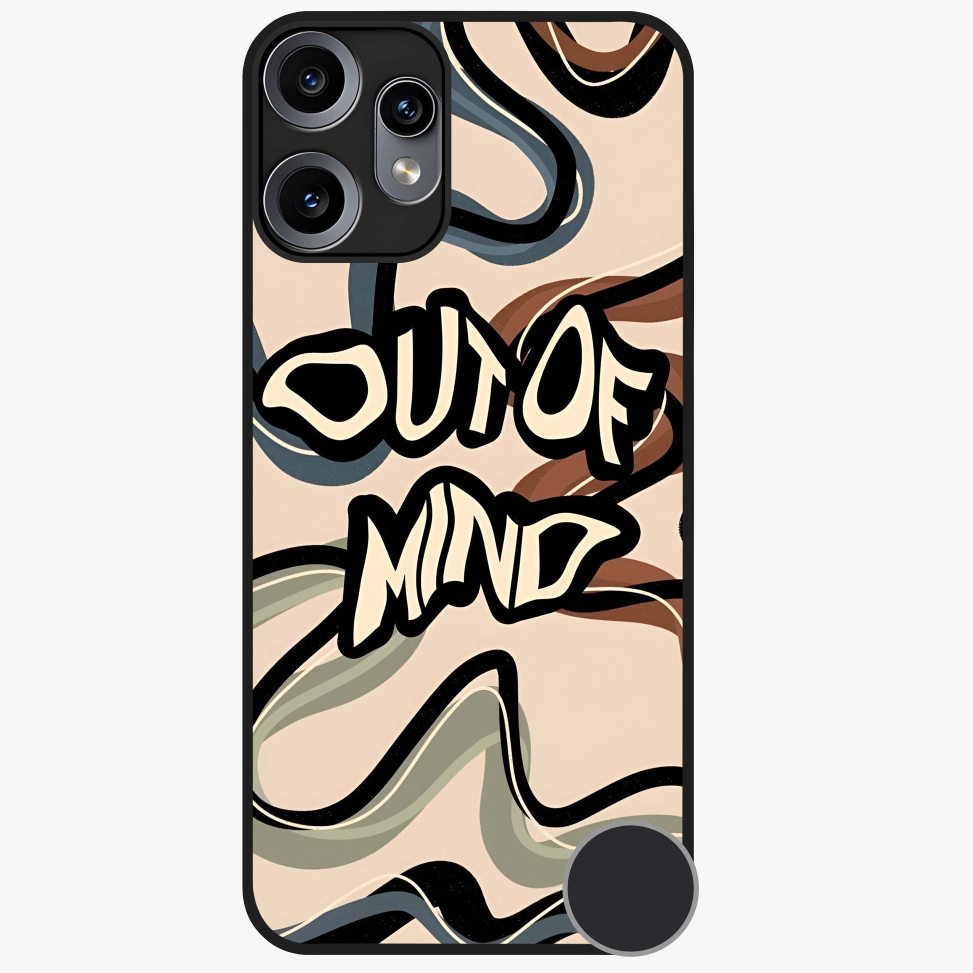 Out Of Mind Glass Case showing flat back view with expressive typography artwork and glossy glass finish.