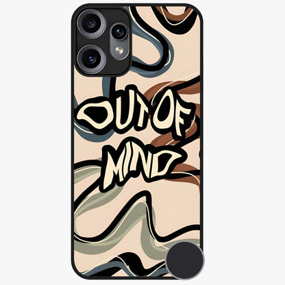 Out Of Mind Glass Case showing flat back view with expressive typography artwork and glossy glass finish.