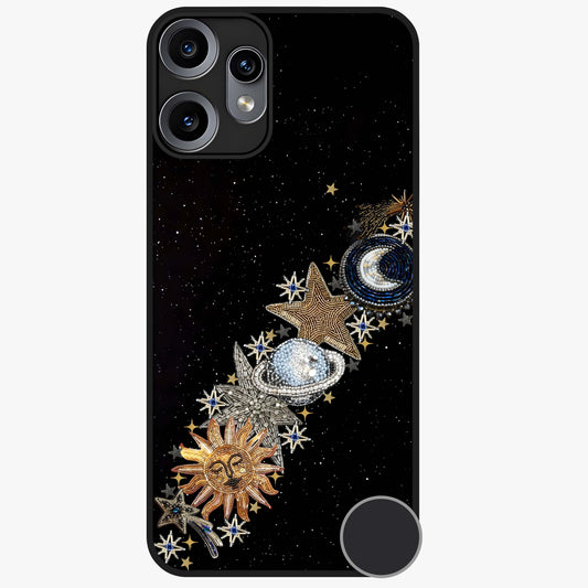 Pearls Universe Object Glass Case showing flat back view with pearl inspired cosmic artwork and glossy glass finish.