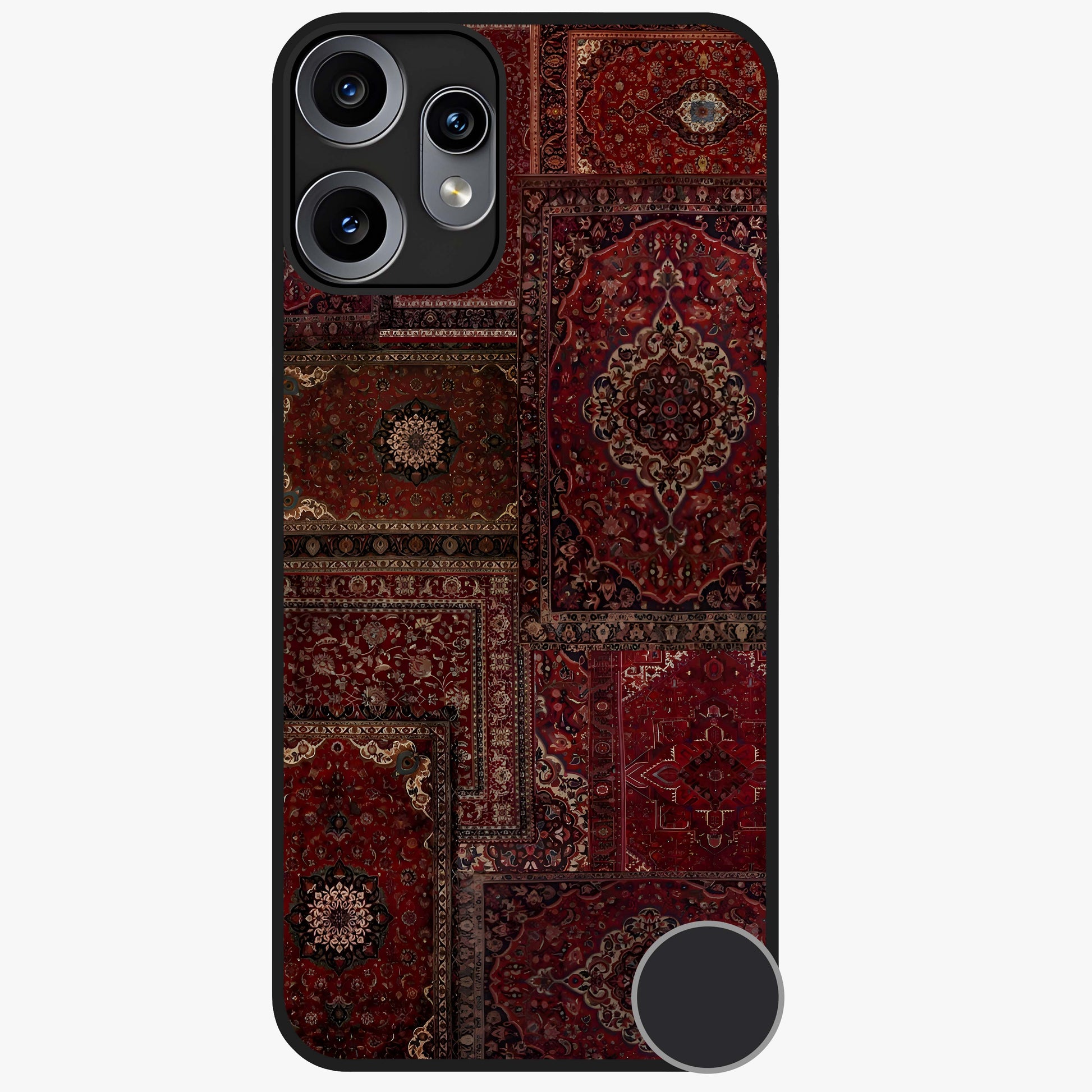 Persian Velvet Tale Glass Case showing flat back view with luxurious Persian velvet pattern artwork and glossy glass finish.