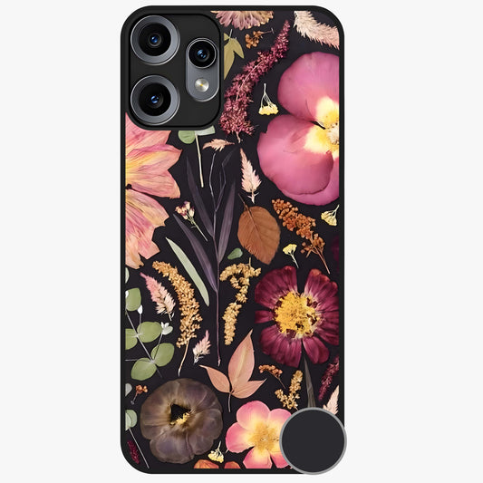 Petal Dream Tapestry Glass Case showing flat back view with intricate floral tapestry artwork and glossy glass finish.