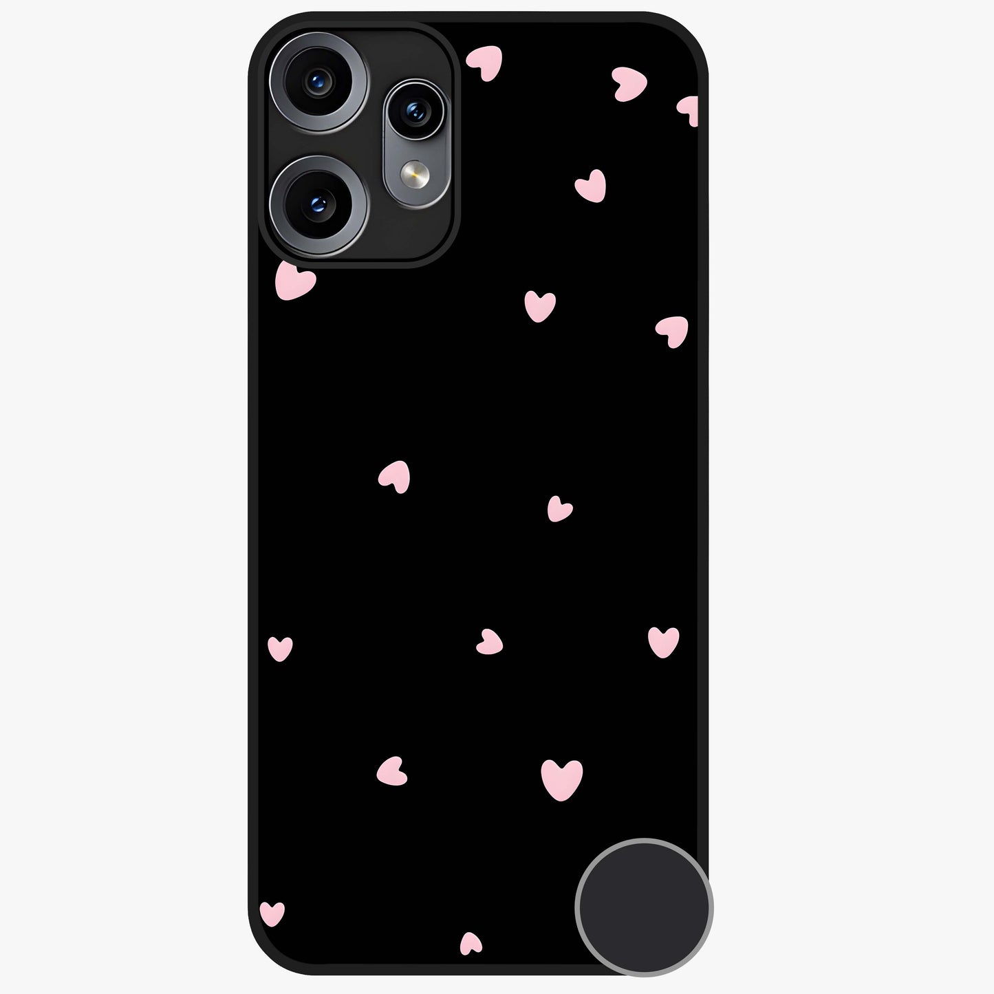 Pink Love Drops Glass Case showing flat back view with playful pink heart drops artwork and glossy glass finish.