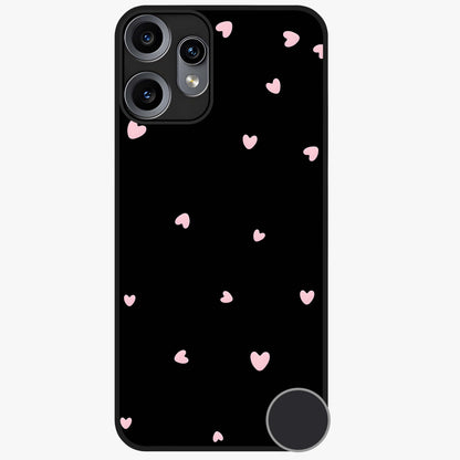 Pink Love Drops Glass Case showing flat back view with playful pink heart drops artwork and glossy glass finish.