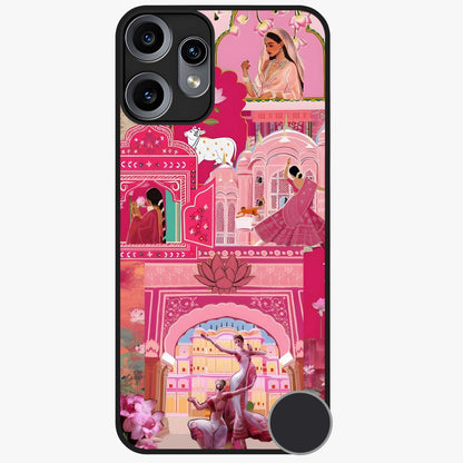 Pink Palace Muse Glass Case showing flat back view with elegant palace inspired artwork and glossy glass finish.
