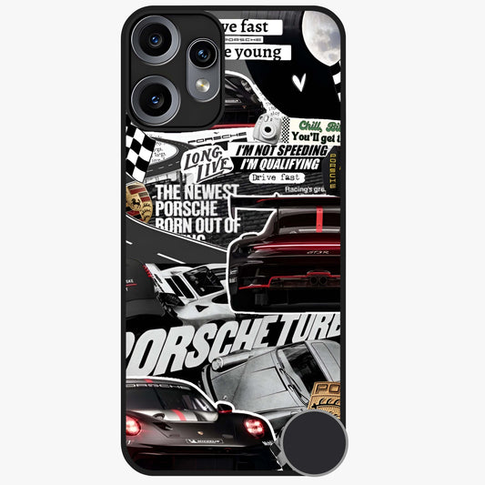 Porsche Racing Collage Glass Case showing flat back view with sports car racing collage artwork and glossy glass finish.