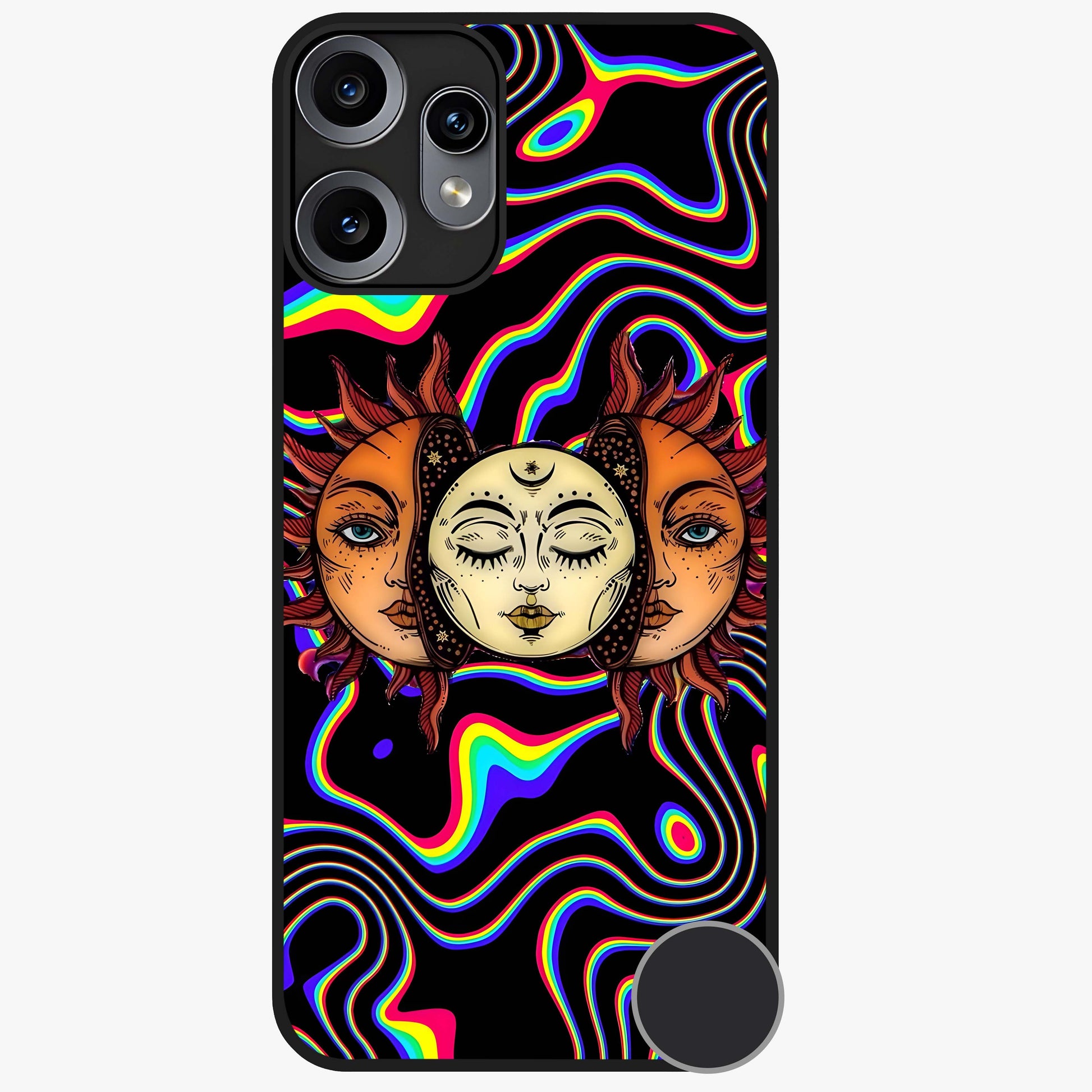 Psychedelic Sun Glass Case showing flat back view with colorful psychedelic sun artwork and glossy glass finish.