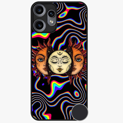 Psychedelic Sun Glass Case showing flat back view with colorful psychedelic sun artwork and glossy glass finish.