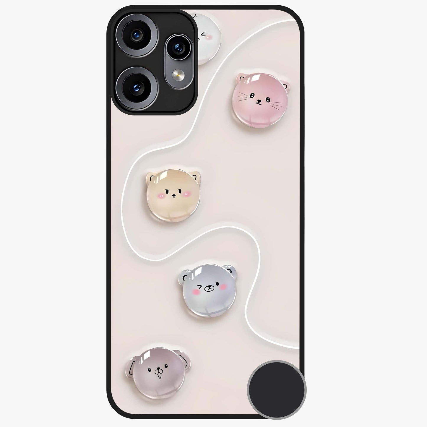 Puffy Face Parade Glass Case showing flat back view with cute puffy character faces artwork and glossy glass finish.