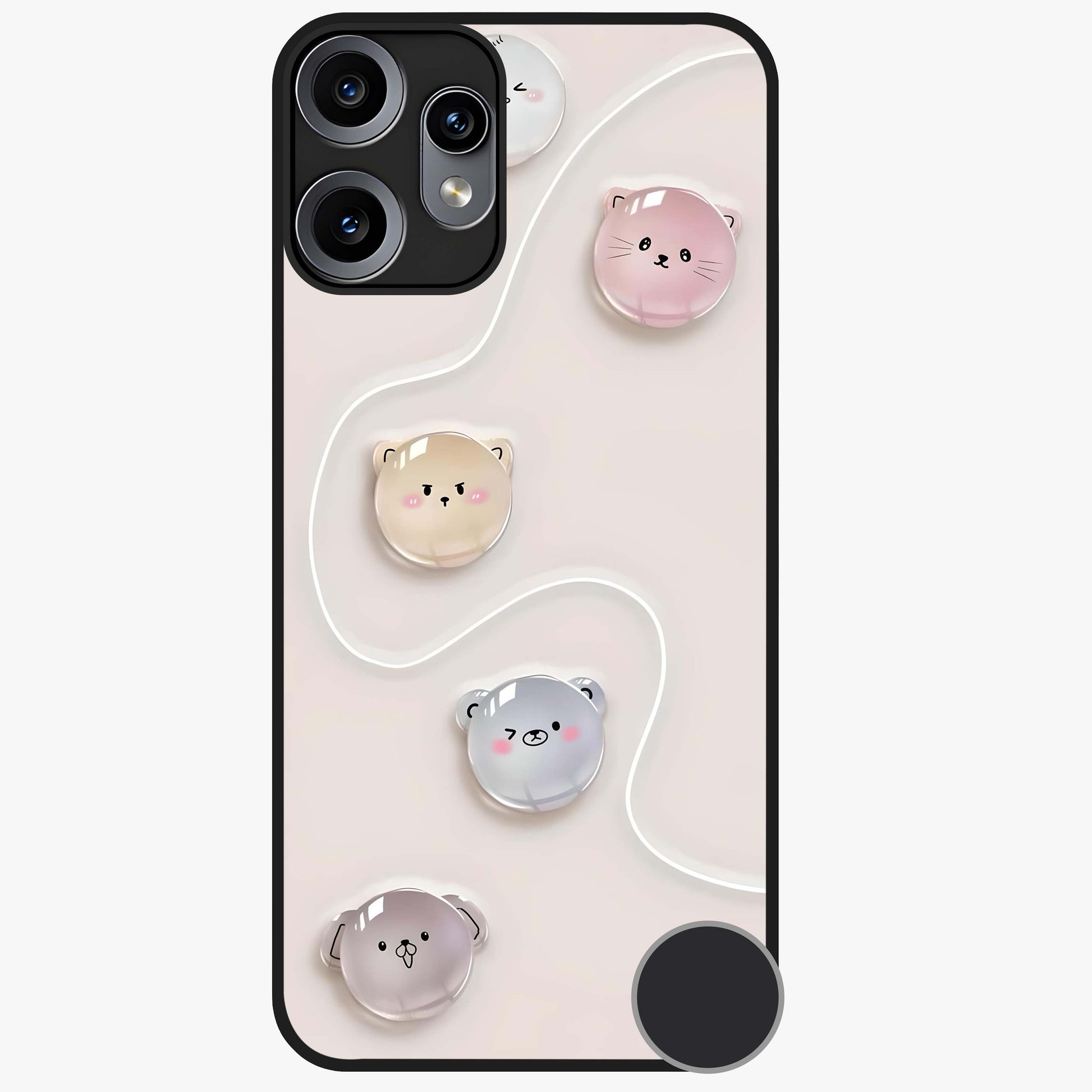 Puffy Face Parade Glass Case showing flat back view with cute puffy character faces artwork and glossy glass finish.
