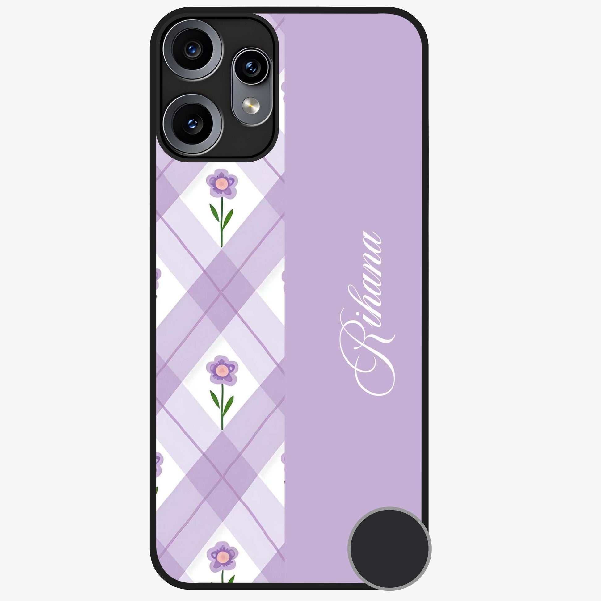 Purple Diamond Floral Glass Case showing flat back view with diamond shaped floral artwork and glossy glass finish.