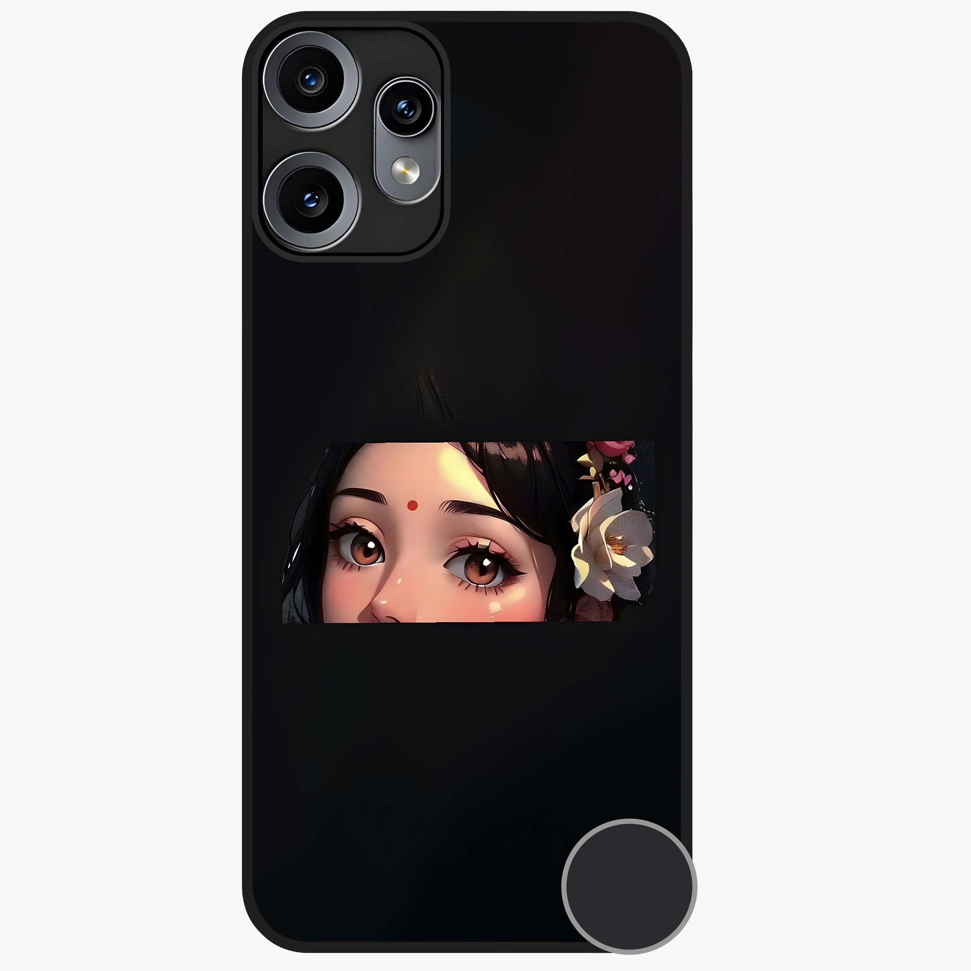 Radha Divine Embrace Glass Case showing flat back view with devotional Radha artwork and glossy glass finish.
