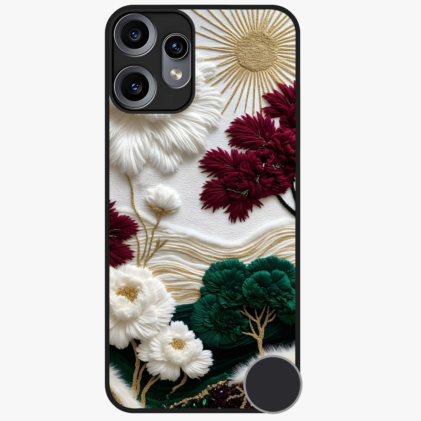 Radiant Bloom Elegance Glass Case showing flat back view with elegant blooming flower artwork and glossy glass finish.