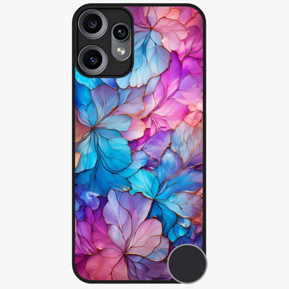 Radiant Floral Whirl Glass Case showing flat back view with swirling floral artwork and glossy glass finish.