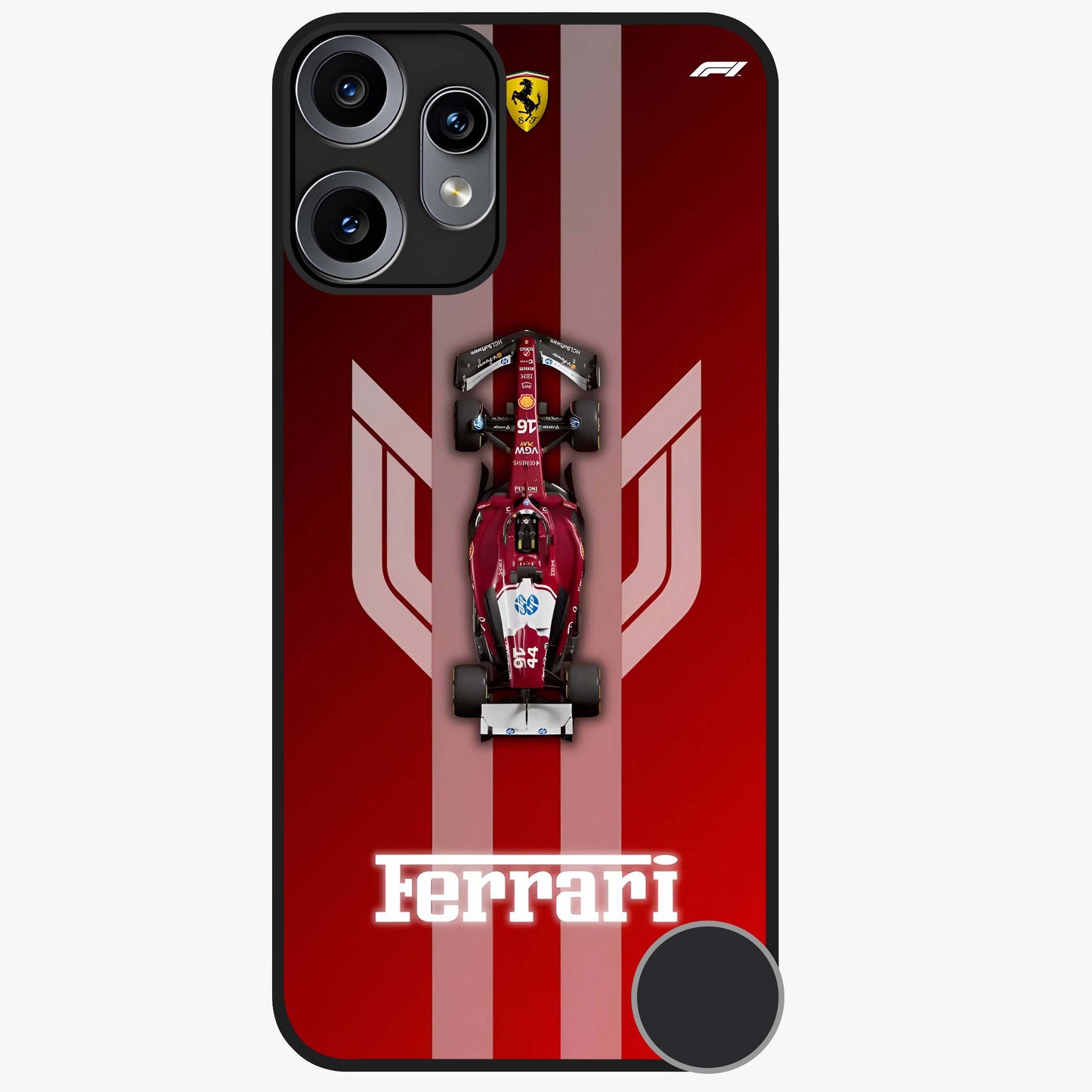 Red Ferrari F1 Vertical Glass Case showing flat back view with sleek Formula racing car artwork and glossy glass finish.