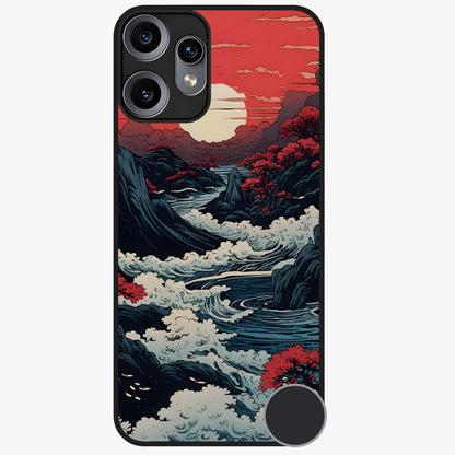 Red Sunset Scenery Glass Case showing flat back view with vibrant sunset landscape artwork and glossy glass finish.