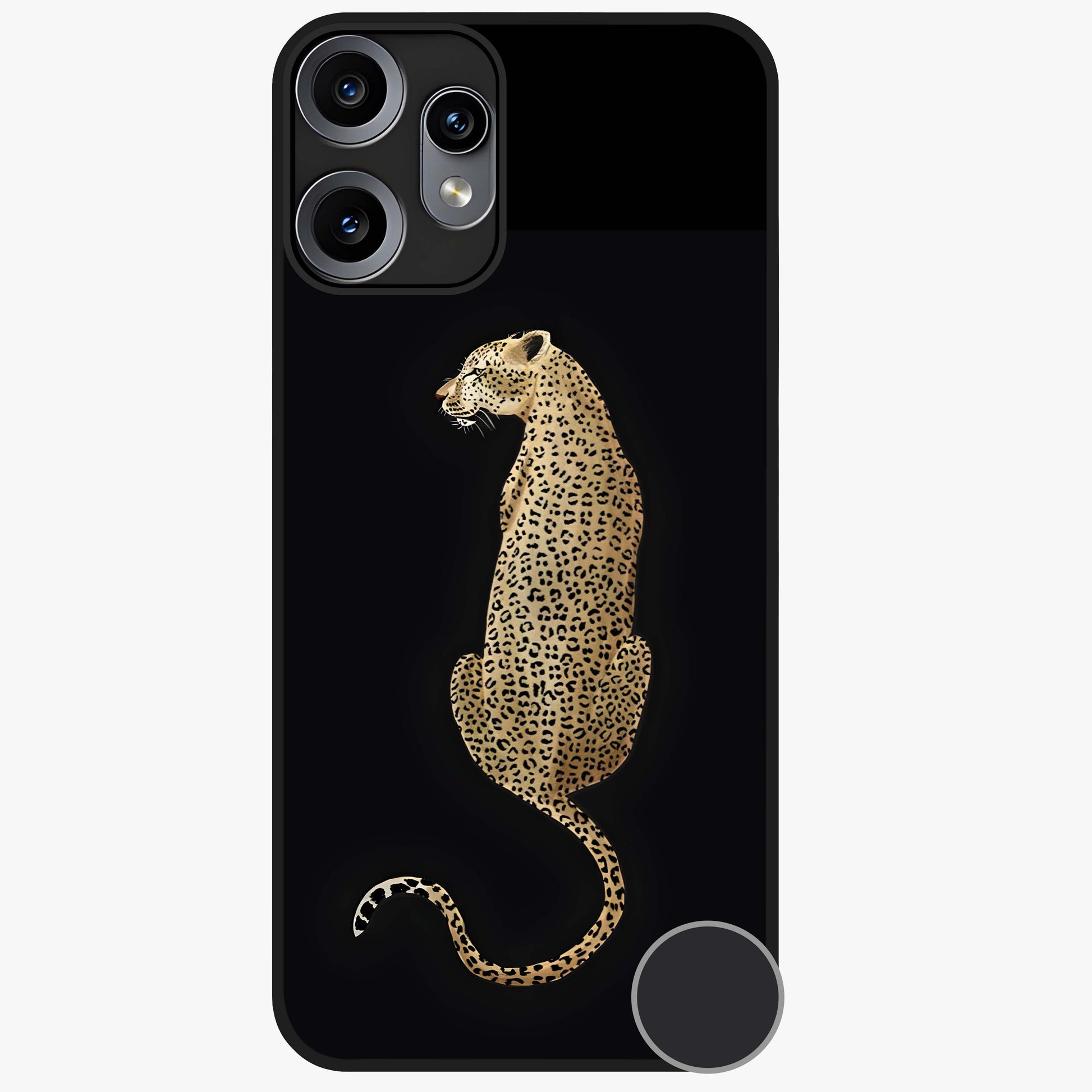 Regal Leopard Glass Case showing flat back view with bold leopard artwork and glossy glass finish.