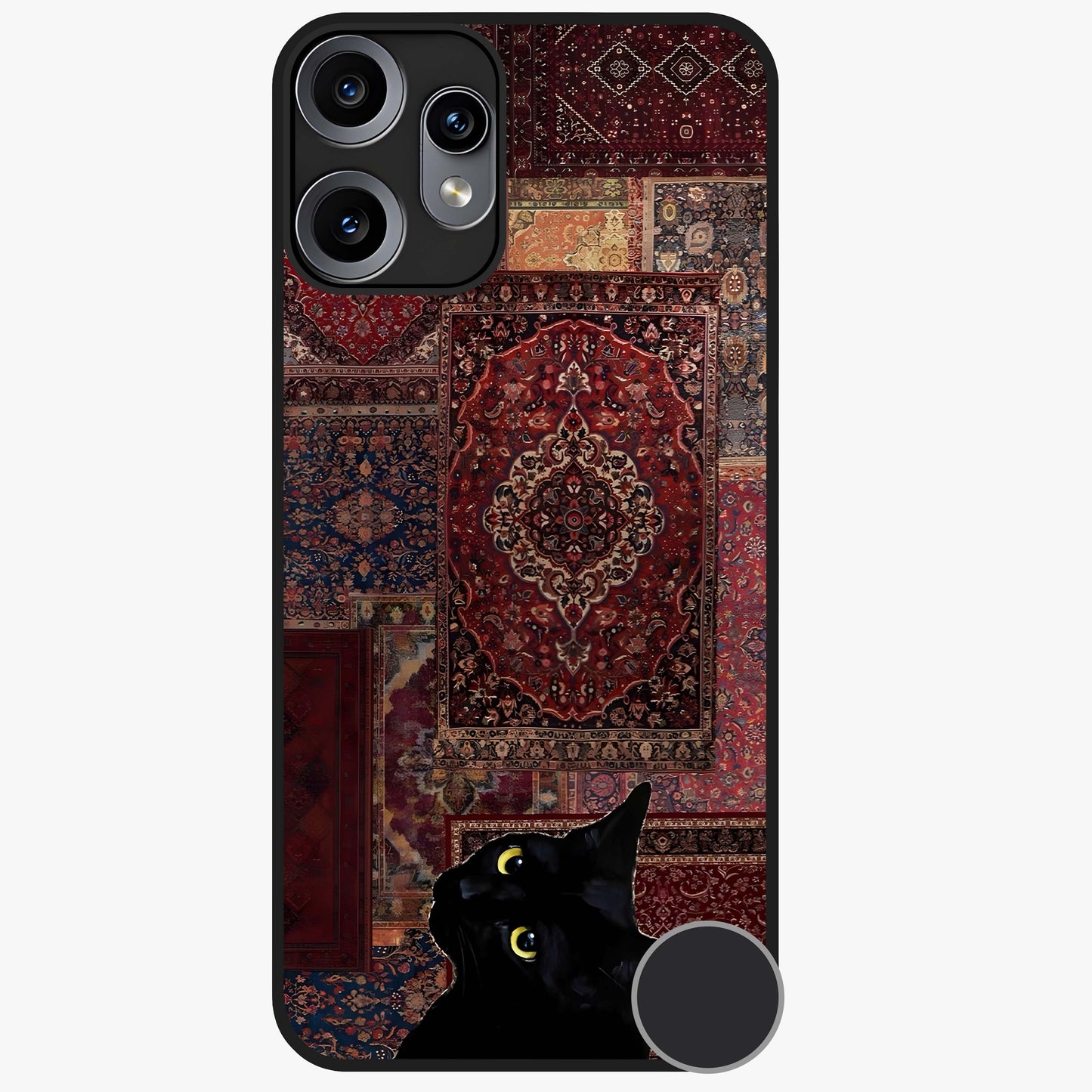 Regal Magic Cat Apple Glass Case showing flat back view with magical cat artwork holding apple and glossy glass finish.