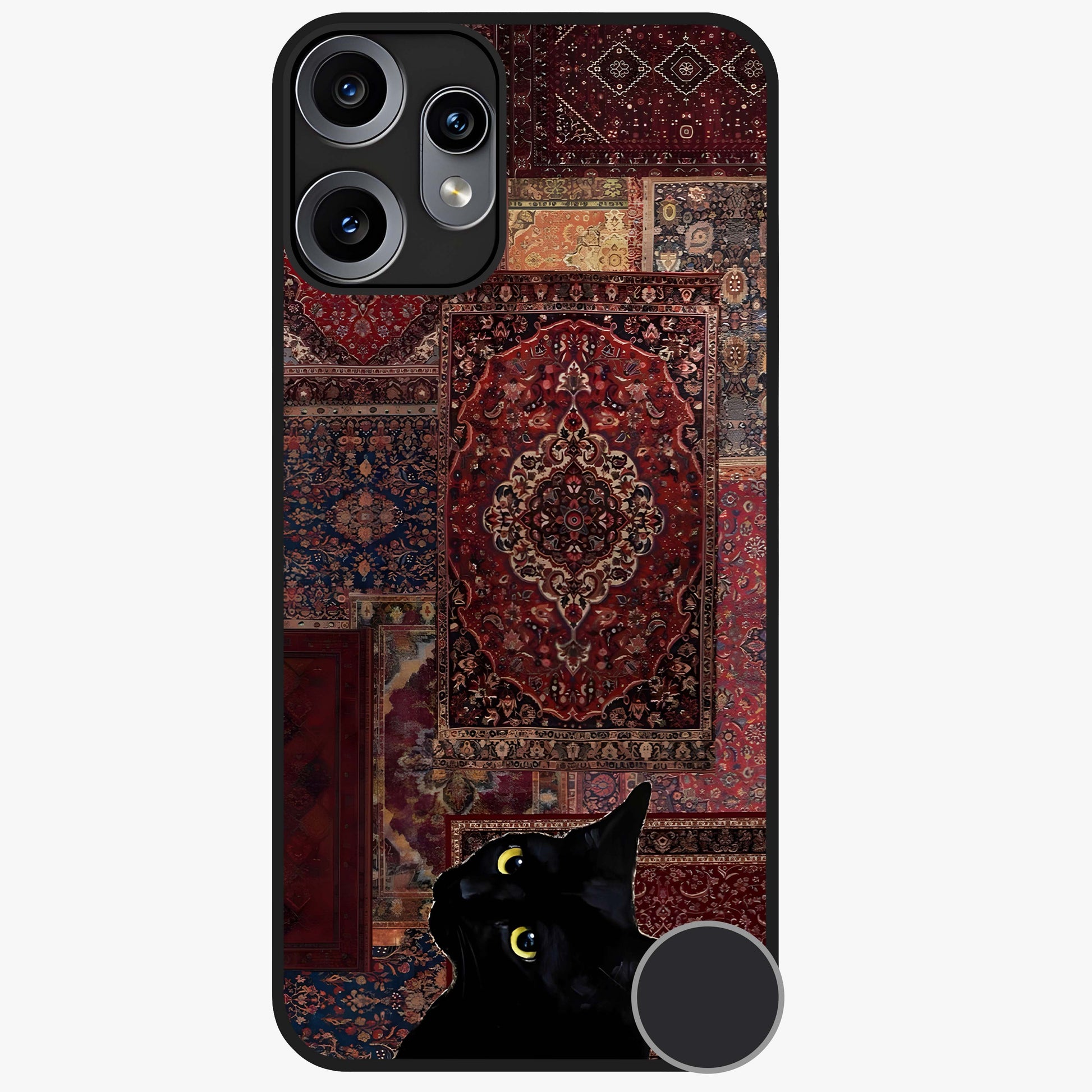 Regal Magic Cat Apple Glass Case showing flat back view with magical cat artwork holding apple and glossy glass finish.